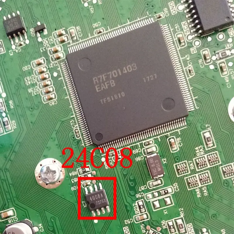 Board photograph showing a 24C08 EEPROM beside the processor