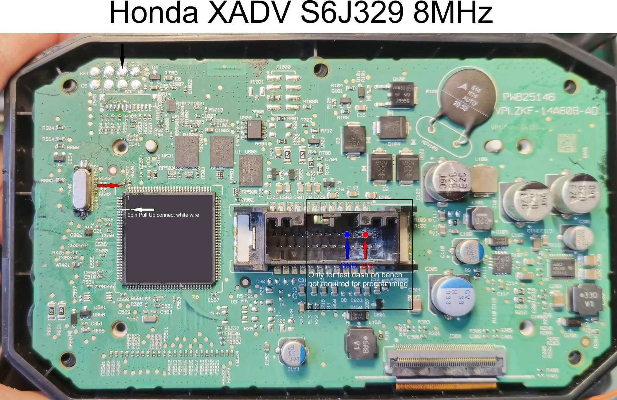 X-ADV 750 front circuit board with the original JTAG and bench power annotations