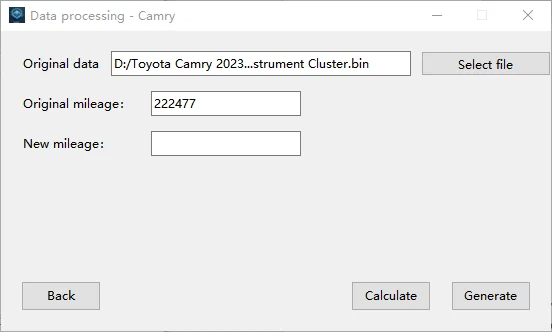 Toyota Camry instrument chips: Datarepair V02 Toyota Camry data-processing screen showing an original reading of 222477 · 6